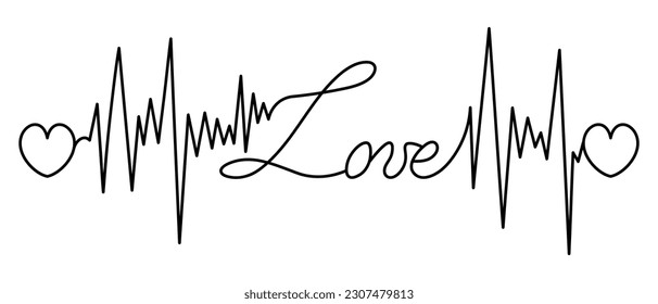 Love. The text is embellished with pulses and hearts. Sketch. Vector illustration. Broken zigzag line and romantic lettering in italics. Outline on isolated background. Idea for web design, invitation
