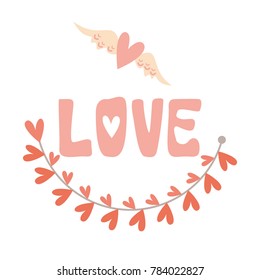 Love text with floating hearts. Vector illustration with a picture of a heart with wings and lettering. Can be used as a postcard or print on clothes