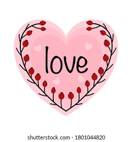 Love text and foliage in pink heart shape,vector illustration.