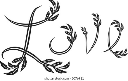 Love text hand drawn with leaf accents.