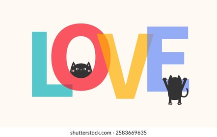 LOVE text with hanging peeking cat set. Love sign symbol. Love word lettering. Happy Valentines Day. Template for print on greeting card, banner, poster shirt. Flat design. White background. Vector