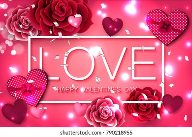 LOVE text Happy Valentine's Day Red Roses Gift Box Hearts Romantic background