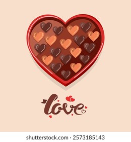 Love Text and Heart Chocolate Box on Beige Background for Happy Valentine's Day Celebration Concept.