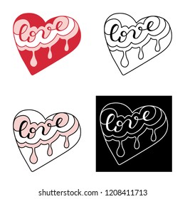Amor - texto. Corazón, gotas. Establecer. Dibujado a mano. Ilustración vectorial.