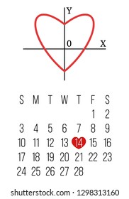 LOVE text with heart shape math chart, february 2019 calendar grid