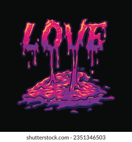 Love text with heart shape paint splashes and trails, poster and shirt design in black colors. Vector vintage letterpress grunge effect on black background