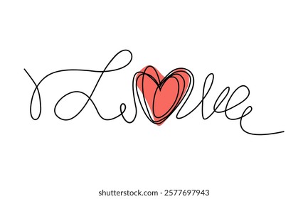Love. text. heart sign. vector illustration drawing with one continuous line. Hand drawn valentine's day