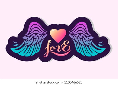 Love text with Heart and wings is on background. Hand drawn lettering Love as logo, badge, icon, patch. Template for Love You card, Valentine's day, lgbt, invitation, party, greeting card, web, hippie