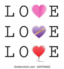 Love text with hearts isolated on white background.For web site,poster,placard,greeting card,newsletter template and wallpaper.Also useful for Valentine's day,printable wall,apparel and invitation