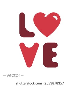 love text icon, word love with heart, valentines day concept, flat web symbol, vector illustration