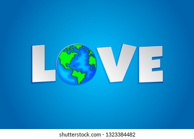 Love Text Illustration with Earther  isolated  illustration on blue background