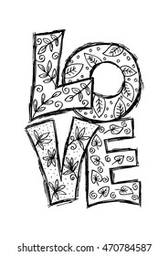 love text with leaves. Sketchy style.