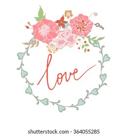Love - text lettering. Flower with frame. Vector illustration.