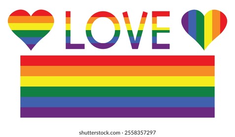 Love text with LGBT gay rainbow heart symbol homosexual pride banner. Gay pride frames icon. Rainbow heart vector illustration.