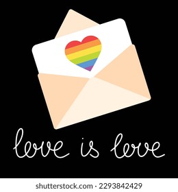 Love is love text. LGBT Pride Logo. Badge Logo with LGBT Rainbow Illustration. Creative Vector Design Element for Pride Month Logo, Square Banner, Social Media Post Template.