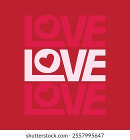 Love text logo with a heart shape icon on the lettering. Valentines Day card, poster, banner, template. Cute logo sticker, label, tag vector illustration on red background.