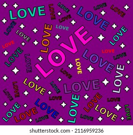 Love text, made of flowers of different colors, vector background for Valentine's Day. Love is everywhere around us