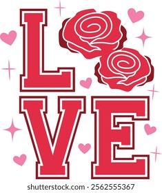 Love text old school font style with rose flower for greeting card, valentine day, wedding.