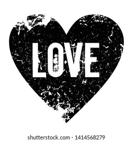 Love text on the grunge black heart. Heart and love vector illustration for t-shirt and card. Black heart icon love symbol Valentine day.  Love grunge word. 
