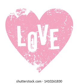 Love text on the grunge pink color heart. Love grunge word. Heart and love vector illustration for t-shirt and card. Heart icon love symbol Valentine day. 