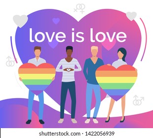 Love is Love text on purple heart. Mix raced group of people with rainbow hearts. LGBTQ pride concept. Vector illustration can be used for topics like diversity, LGBT community, proud
