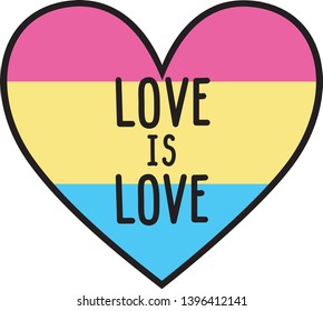 Love is love text. Pansexual pride flag in heart shape. Vector illustration isolated on white.