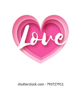 Love text in paper cut ered pink heart. Origami Happy Valentine's day Greetings card. Romantic Holidays on blue skye. 14 February.