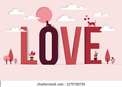 Love text in paper cut style with lovely cats. Happy valentine's day elements for design templates.