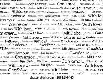 With love text pattern in different languages. Vector illustration.