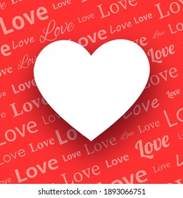 Love text pattern with empty heart shape frame. Valentine's day. Card template. Space for text. Vector illustration.