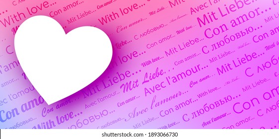 With love text pattern pink background. Empty heart shape frame. Space for text. Valentine's Day. Vector illustration.