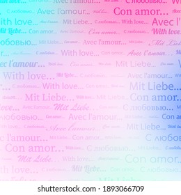 With love text pattern pink grafient background. Different languages. Valentine's Day. Vector illustration.