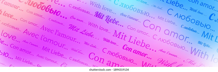 With love text pattern pink grafient background. Different languages. Banner template. Valentine's Day. Vector illustration.