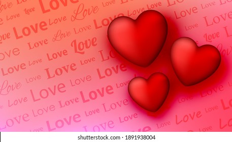 Love text pattern with three 3d hearts. Valentine's day. Card, banner template. Vector illustration.