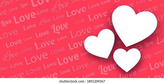 Love text pattern with three empty hearts. Valentine's day. Card template. Space for text. Vector illustration.