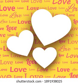 Love text pattern with three empty hearts. Valentine's day. Card template. Vector illustration.