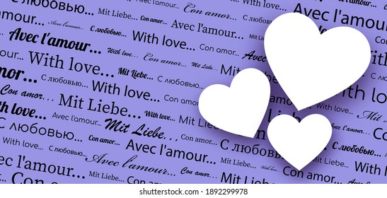 With love text pattern violet background. Three white empty hearts. Banner template. Valentine's Day. Vector illustration.