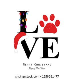 Love text with paw print and colorful light bulb. Happy new year and merry christmas greeting card