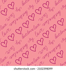 Love text pink Seamless pattern. Text backgrounds applicable in printing, textiles, art objects, clothing, wallpaper