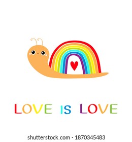 Love is love text quote. Rainbow snail insect bug on white background. Red heart. Colorful line set. Greeting card. LGBT community. Flat design. Vector illustration