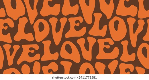 Love text quote seamless pattern illustration in retro 70s style. Cute romantic background wallpaper print. Valentine's day handwritten 1970s texture