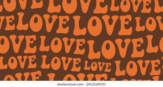 Love text quote seamless pattern illustration in retro 70s style. Cute romantic background wallpaper print. Valentine's day handwritten 1970s texture