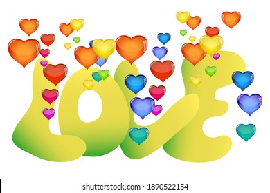 Love text with rain of colorful hearts