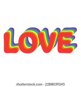 Amar el texto en colores arcoiris con capas. Diseño de objetos vectoriales de estilo plano para romance, igualdad, celebración del mes del orgullo para cada género. Diseño gráfico aislado en blanco.