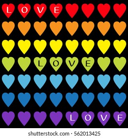 Love text Rainbow heart set. Gay flag color. Seamless Pattern. Wrapping paper, textile template. Lgbt sign symbol. Black background. Isolated. Flat design. Vector illustration