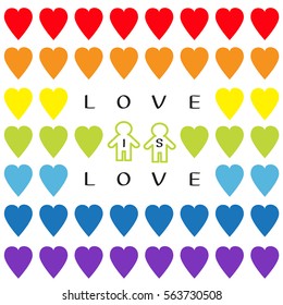 Love is love text. Rainbow heart set. Gay marriage Pride symbol Two contour man sign Seamless Pattern. Lgbt sign symbol. White background. Isolated. Flat design. Vector illustration