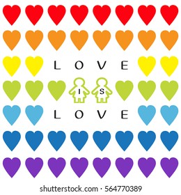 Love is love text. Rainbow heart set. Gay marriage Pride symbol Two contour woman sign Seamless Pattern. Lgbt sign symbol. White background. Isolated. Flat design. Vector illustration