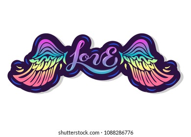 Love text with rainbow wings on background. Hand drawn lettering Love as logo, badge, icon, patch. Template lgbt community, invitation, party, greeting card, web, hippie.