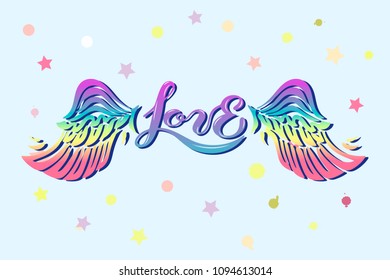 Love text with rainbow wings on background. Hand drawn lettering Love as logo, badge, icon, patch. Template lgbt community, invitation, party, greeting card, web, hippie