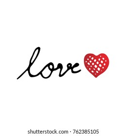 Love text with red heart design vector for Valentines day event and festival. Love and Happiness concept. Font letter and text theme. Hand writing and drawing text for special holiday 